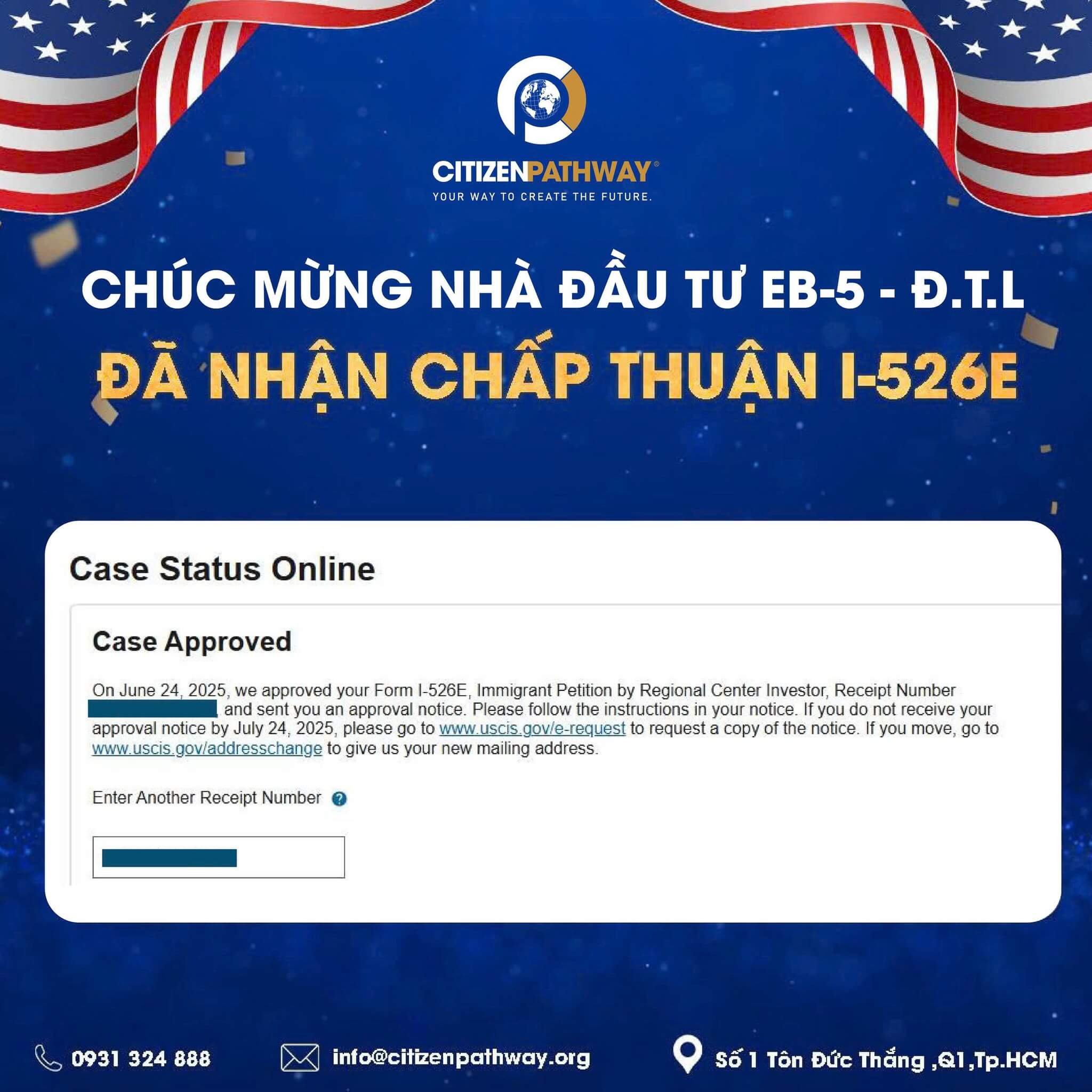 CHÚC MỪNG NHÀ ĐẦU TƯ EB-5 – CHỊ Đ.T.L NHẬN CHẤP THUẬN I-526E