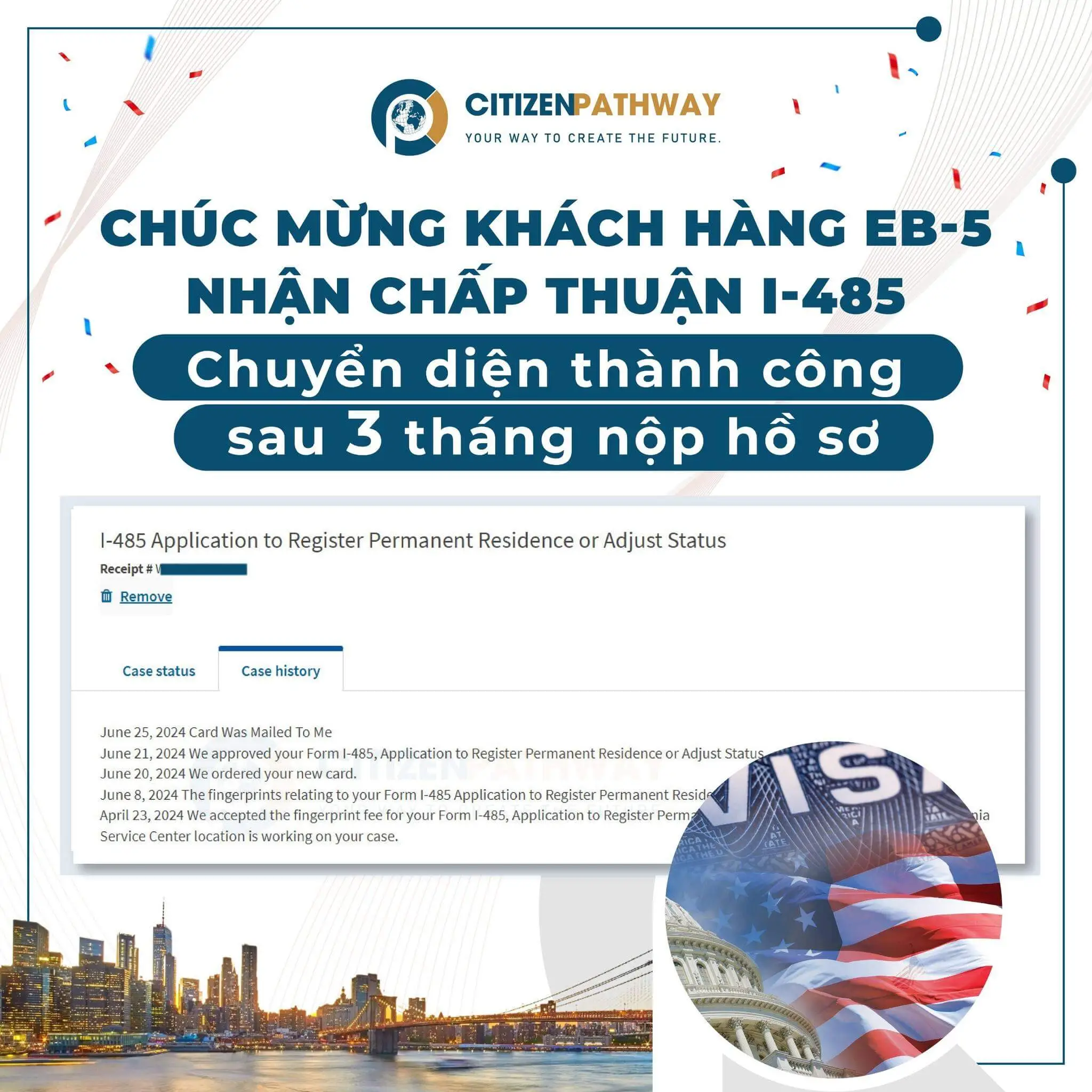 CHÚC MỪNG KHÁCH HÀNG EB-5 NHẬN CHẤP THUẬN I-485 – CHUYỂN DIỆN THÀNH CÔNG SAU 3 THÁNG NỘP HỒ SƠ