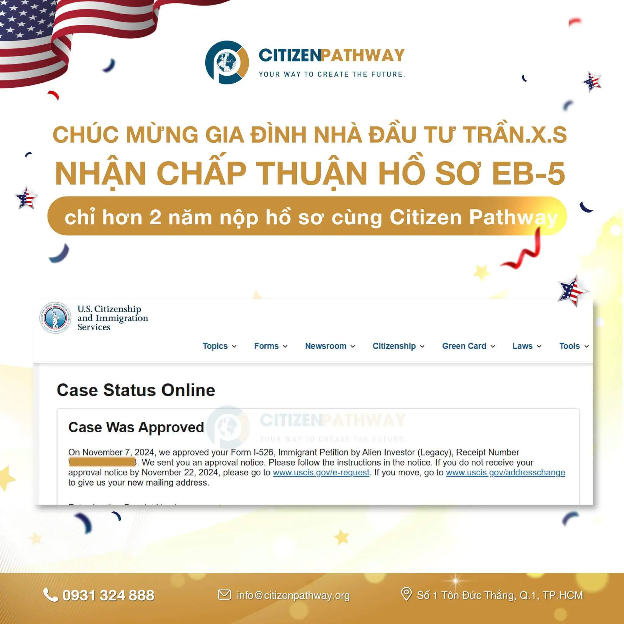 CHÚC MỪNG KHÁCH HÀNG TRẦN X.S NHẬN CHẤP THUẬN HỒ SƠ EB-5 CHỈ SAU 2 NĂM NỘP HỒ SƠ CÙNG CITIZEN PATHWAY