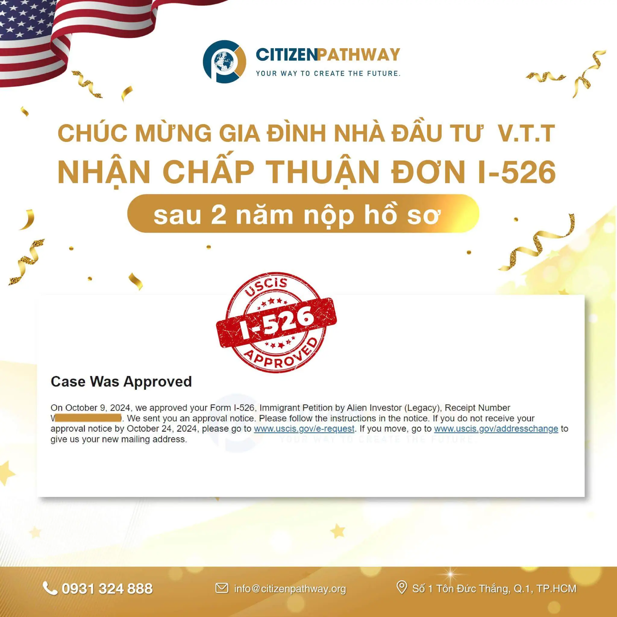 CHÚC MỪNG GIA ĐÌNH ANH V.T.TÙNG NHẬN CHẤP THUẬN I-526 SAU 2 NĂM NỘP HỒ SƠ
