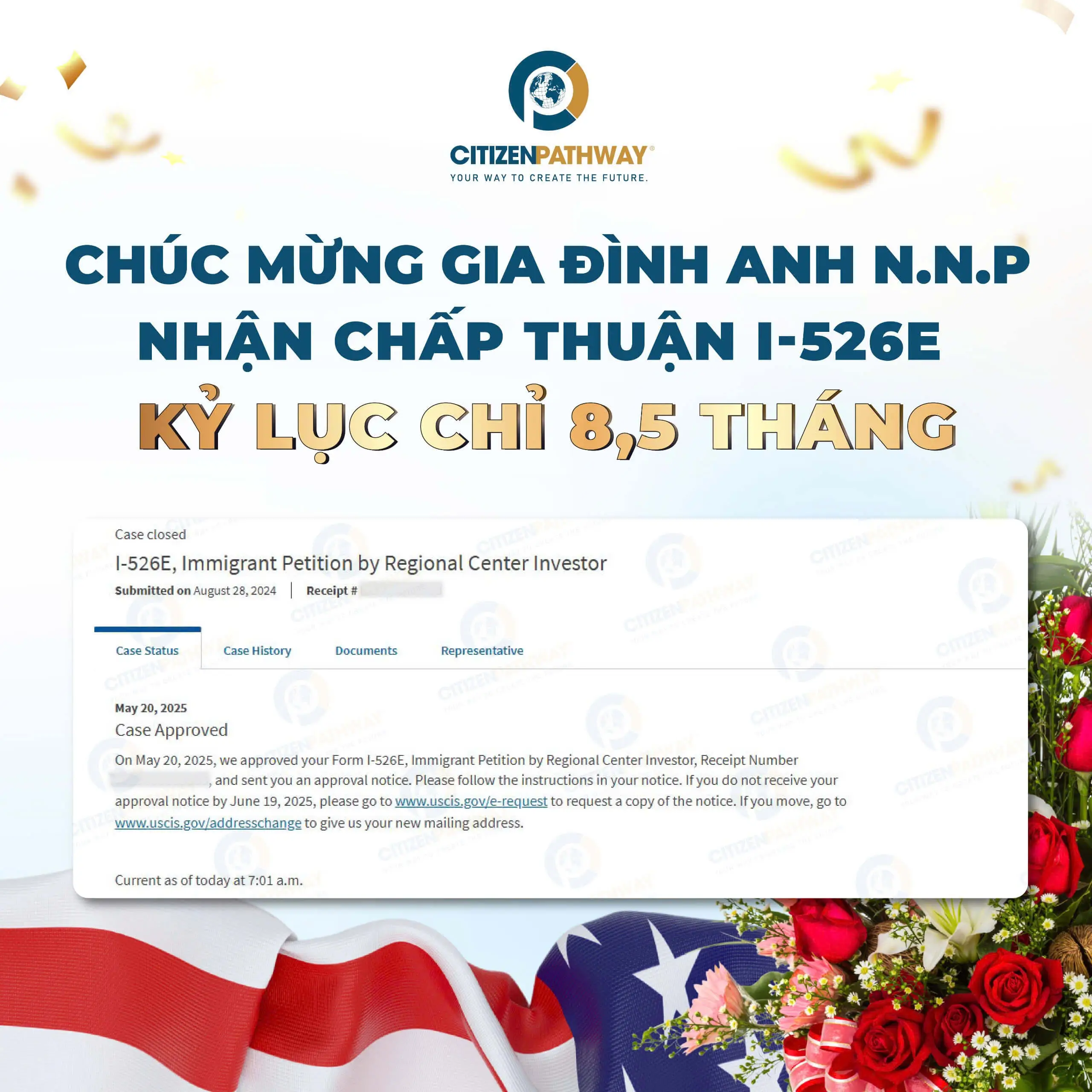 Kỷ lục EB-5 – Chúc mừng anh N.N.P nhận chấp thuận I-526E chỉ sau 8,5 tháng