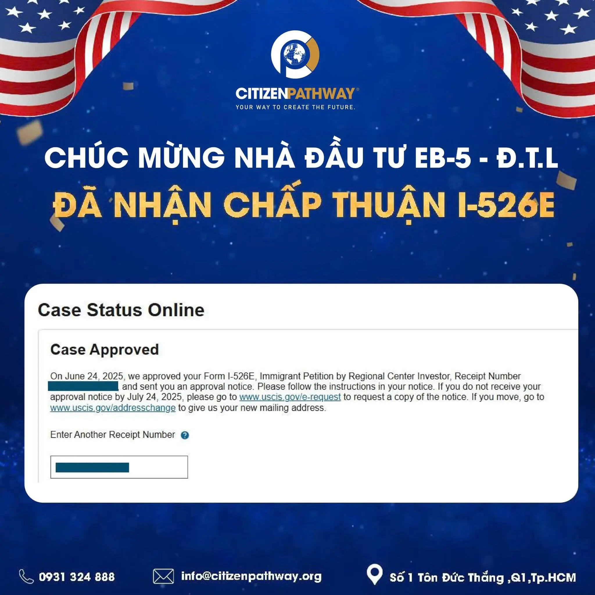 CHÚC MỪNG NHÀ ĐẦU TƯ EB-5 – CHỊ Đ.T.L NHẬN CHẤP THUẬN I-526E