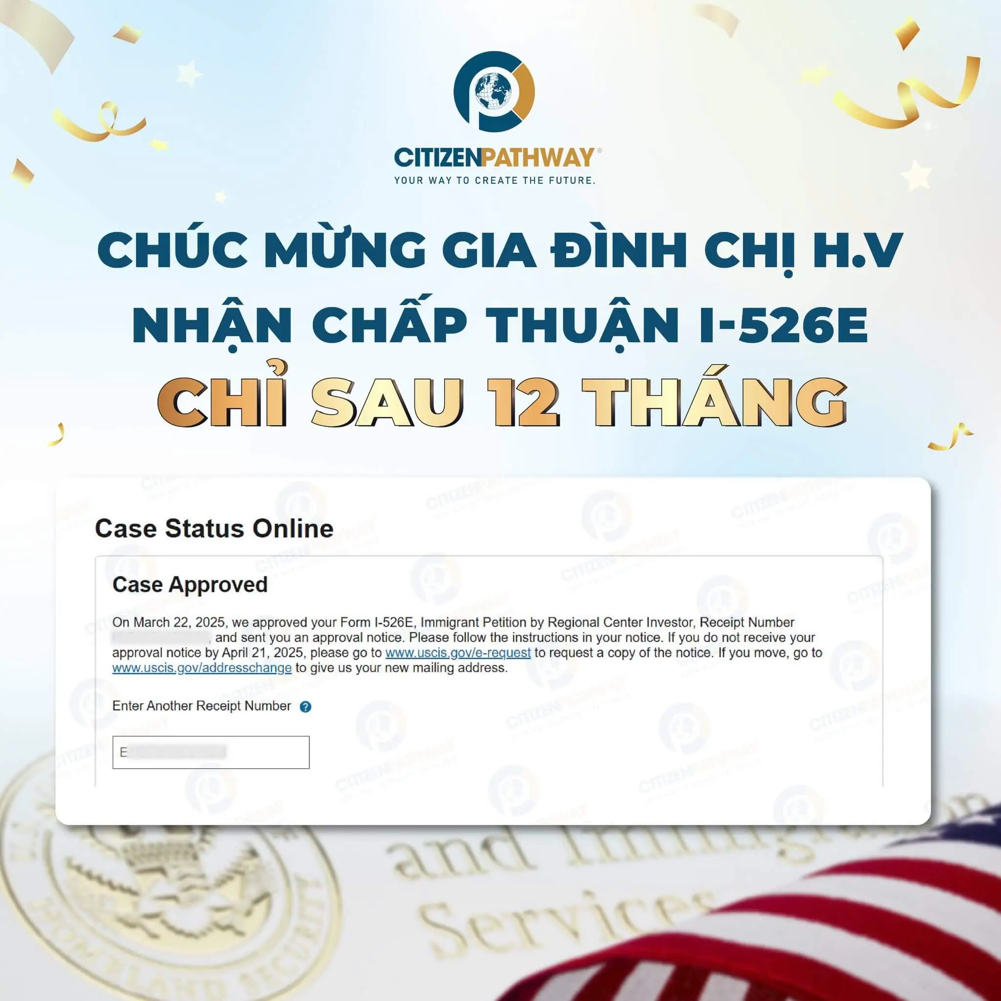 CHÚC MỪNG GIA ĐÌNH CHỊ H.V NHẬN CHẤP THUẬN I-526E CHỈ 12 THÁNG