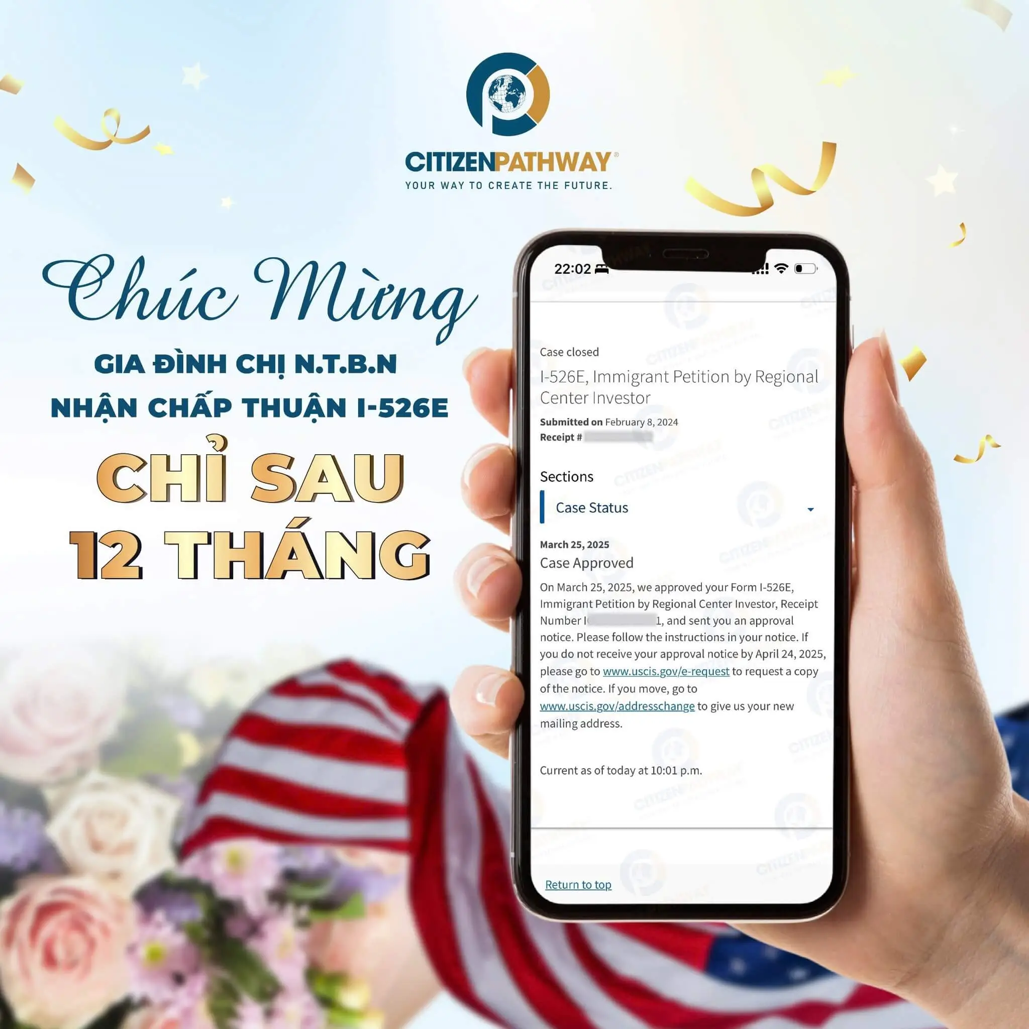 CHÚC MỪNG NHÀ ĐẦU TƯ EB-5 N.T.B.N CỦA CITIZEN PATHWAY NHẬN CHẤP THUẬN I-526E TỪ USCIS