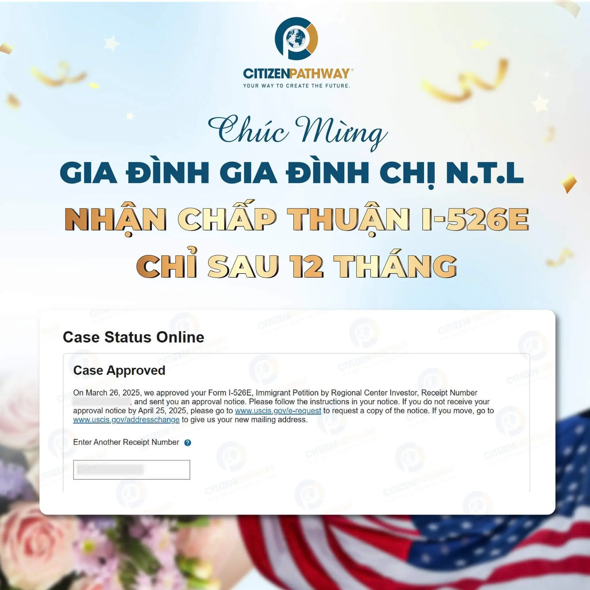 CHÚC MỪNG GIA ĐÌNH KHÁCH HÀNG N.T.L NHẬN CHẤP THUẬN I-526E CHỈ SAU 12 THÁNG