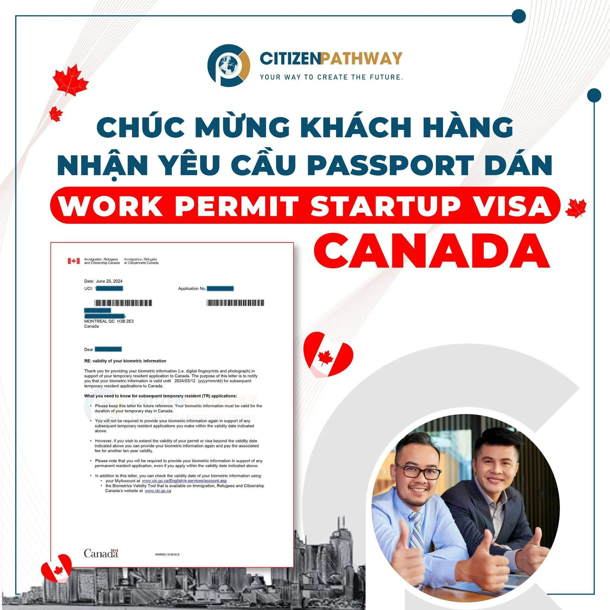 CHÚC MỪNG KHÁCH HÀNG NHẬN YÊU CẦU PASSPORT DÁN WORK PERMIT STARTUP VISA CANADA