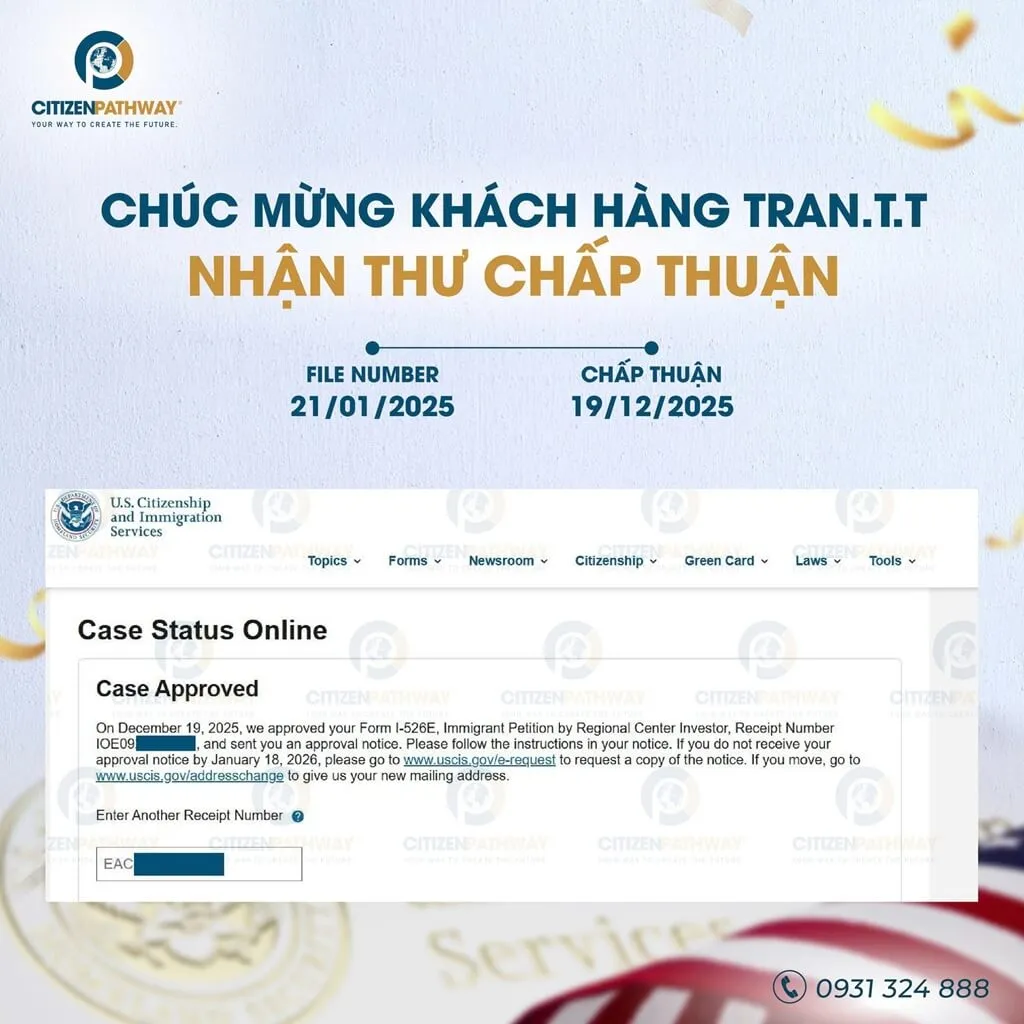 Dấu mốc chấp thuận I-526E của gia đình chị Trần T.T