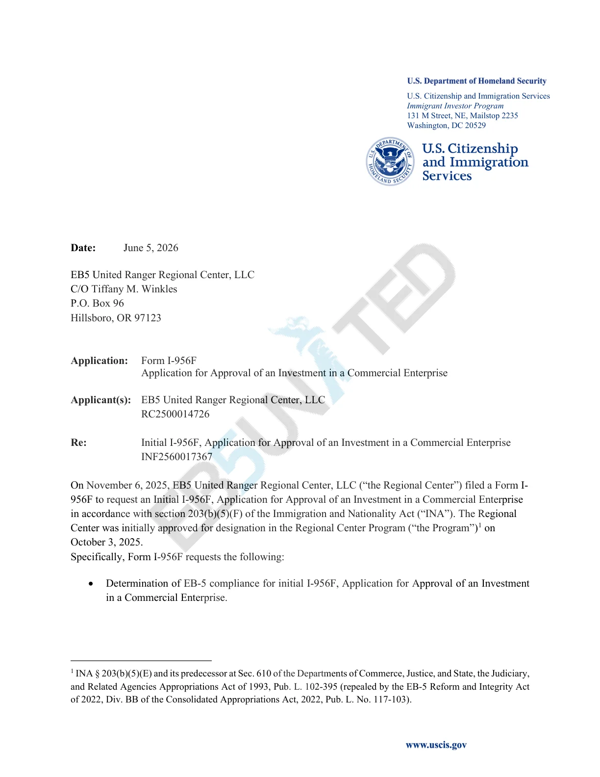 Thông báo USCIS chấp thuận I-956F dự án cơ sở sản xuất đá vôi TIH