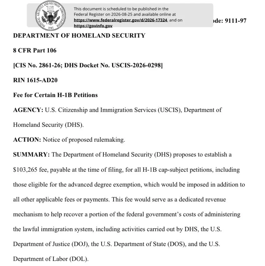 Trang đầu dự thảo DHS về phí 103.265 USD cho H-1B cap-subject petitions